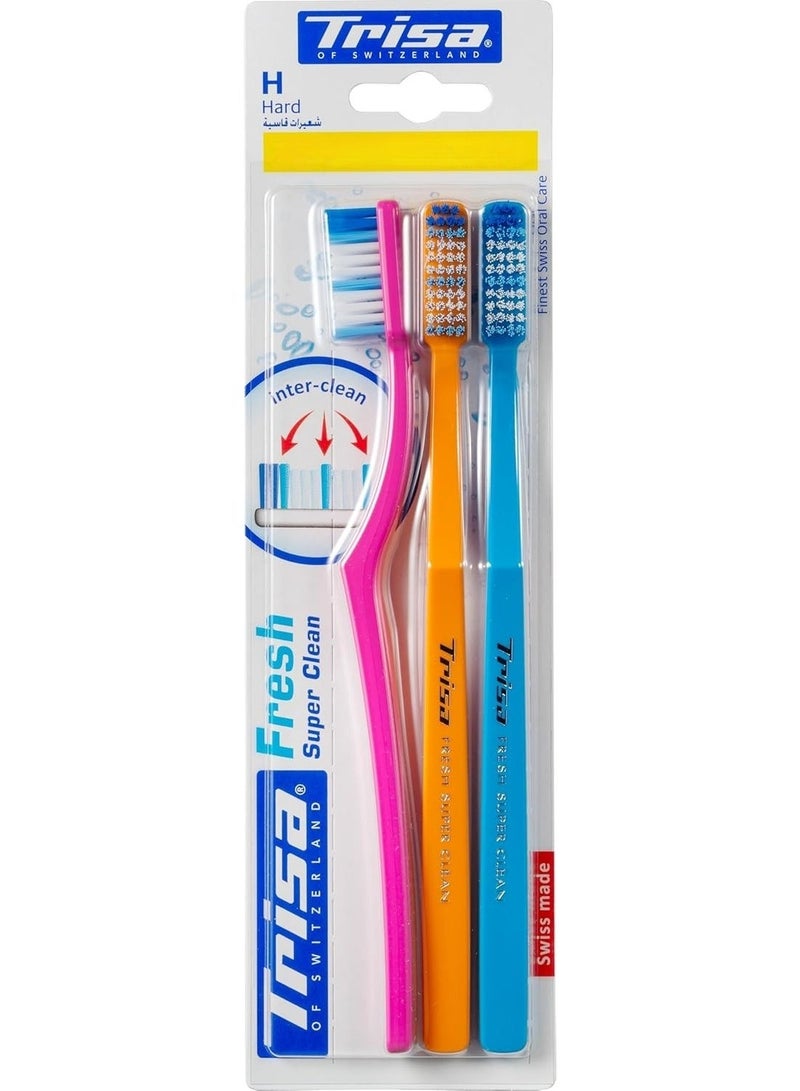 Trisa Fresh Super Clean Hard Adult Toothbrush With Travel Cap, Swiss Made, Finest Swiss Oral Care, Perfectly Rounded Filament Ends, Assortment Pack of 3. - Image 1